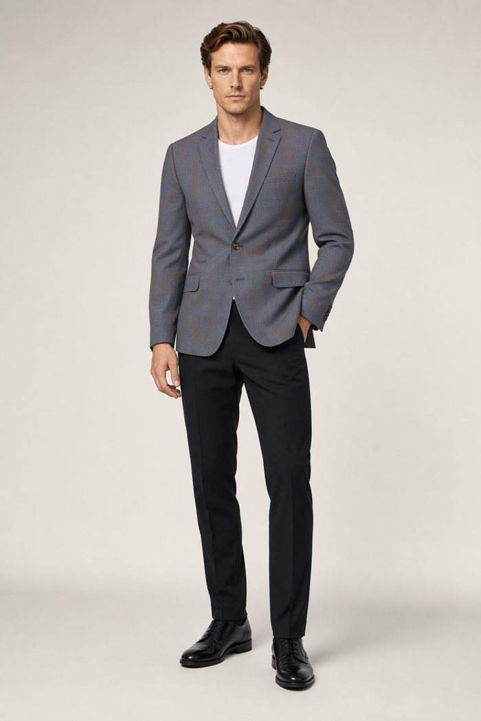 Plaid Single Button Men's Blazer Gray