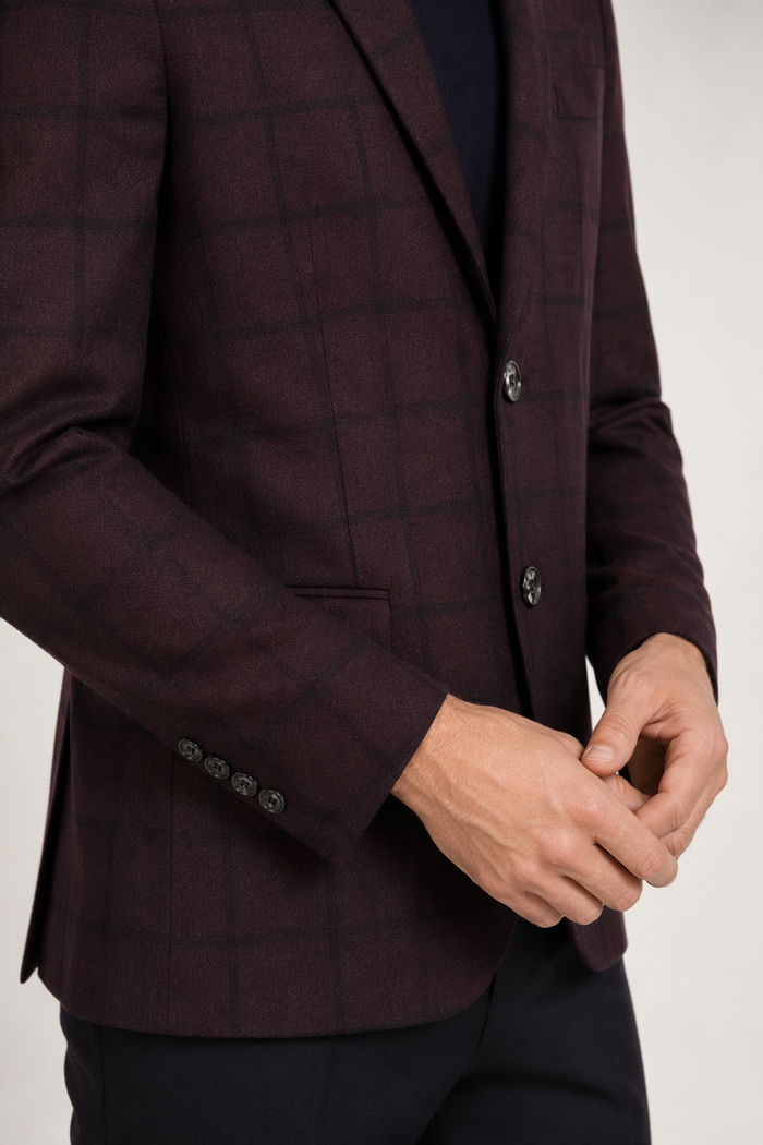 Plaid Single Button Men's Blazer Wine