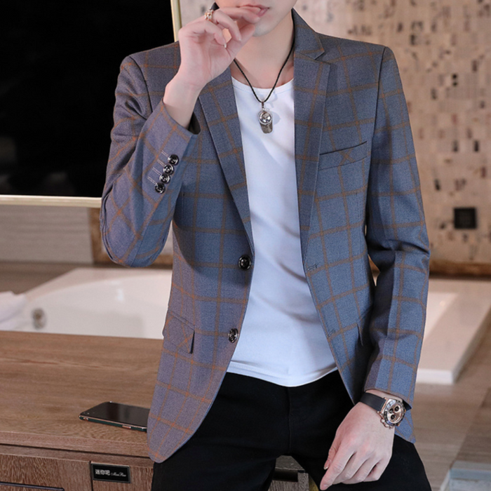 Plaid Single Button Men's Blazer: muted blue-gray, brown blazer jacket, smart casual style