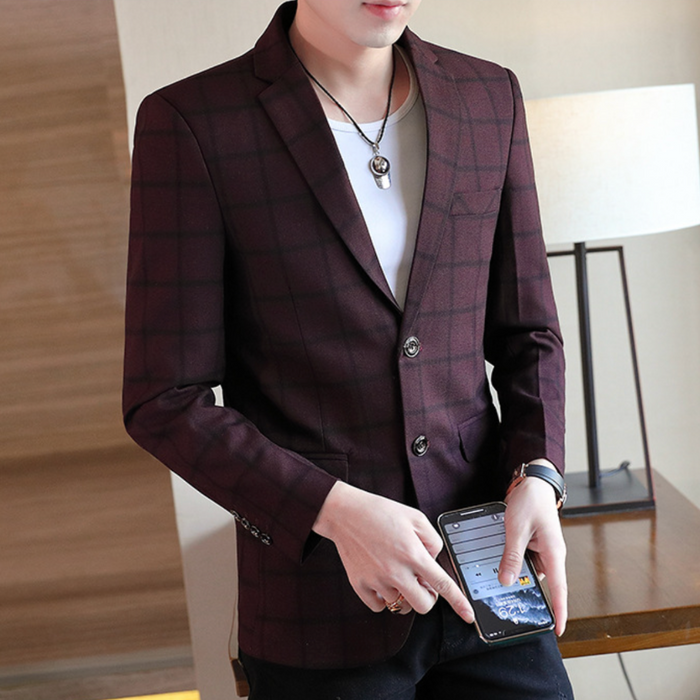 Plaid Single Button Men's Blazer: muted blue-gray, brown blazer jacket, smart casual style