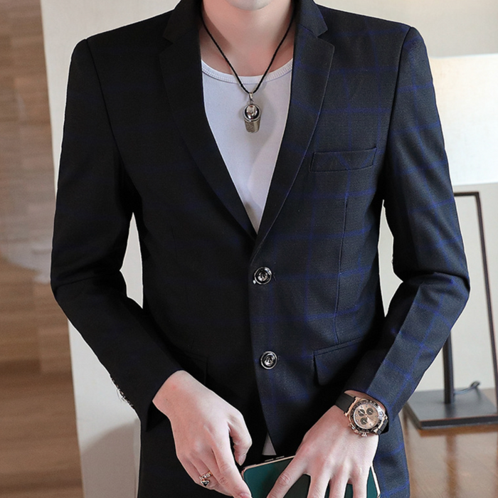 Plaid Single Button Men's Blazer: muted blue-gray, brown blazer jacket, smart casual style