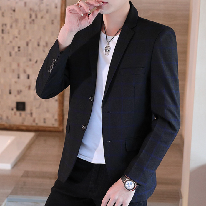 Plaid Single Button Men's Blazer: muted blue-gray, brown blazer jacket, smart casual style
