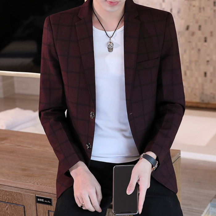 Plaid Single Button Men's Blazer: muted blue-gray, brown blazer jacket, smart casual style