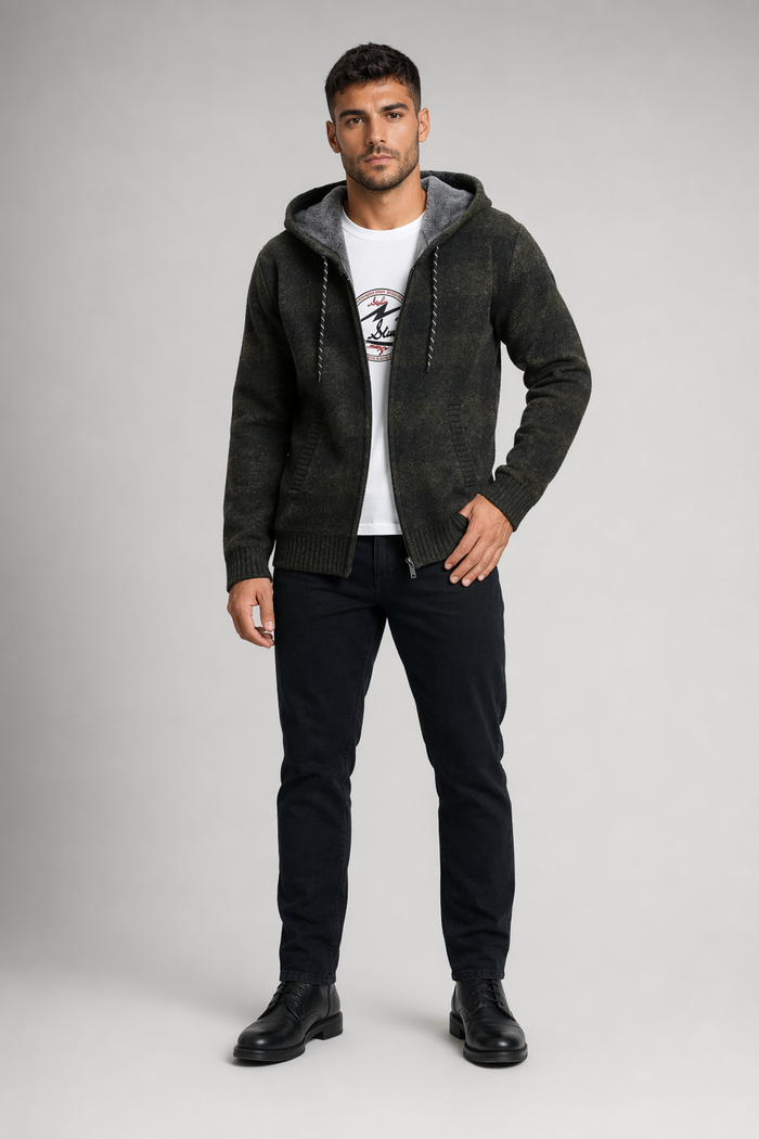 Plaid Zip-Up Jacket for Men with a Hood Army green