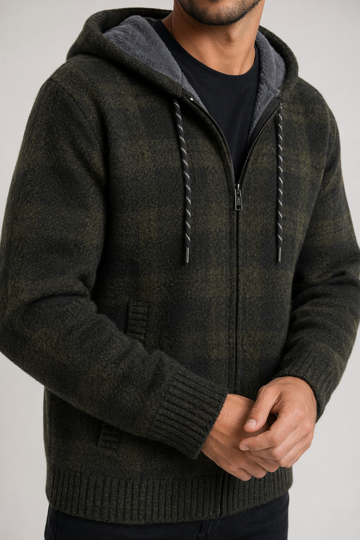 Plaid Zip-Up Jacket for Men with a Hood Army green