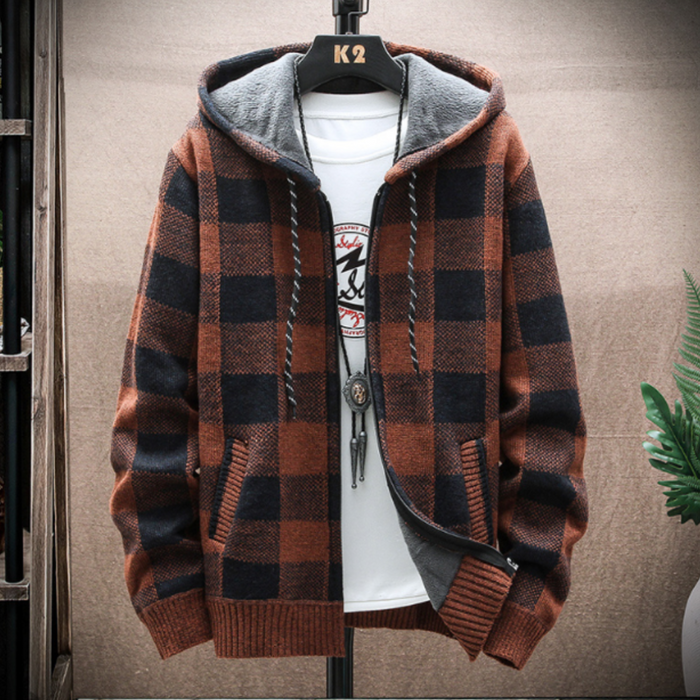 Plaid Zip-Up Jacket for Men with a Hood: rust brown, dark charcoal hooded zip-front jacket, casual streetwear style