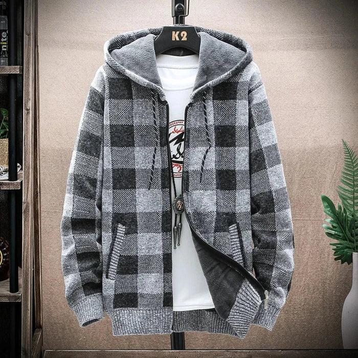 Plaid Zip-Up Jacket for Men with a Hood: rust brown, dark charcoal hooded zip-front jacket, casual streetwear style