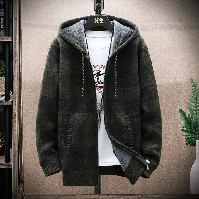Plaid Zip-Up Jacket for Men with a Hood: rust brown, dark charcoal hooded zip-front jacket, casual streetwear style