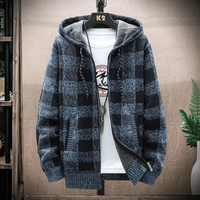 Plaid Zip-Up Jacket for Men with a Hood: rust brown, dark charcoal hooded zip-front jacket, casual streetwear style