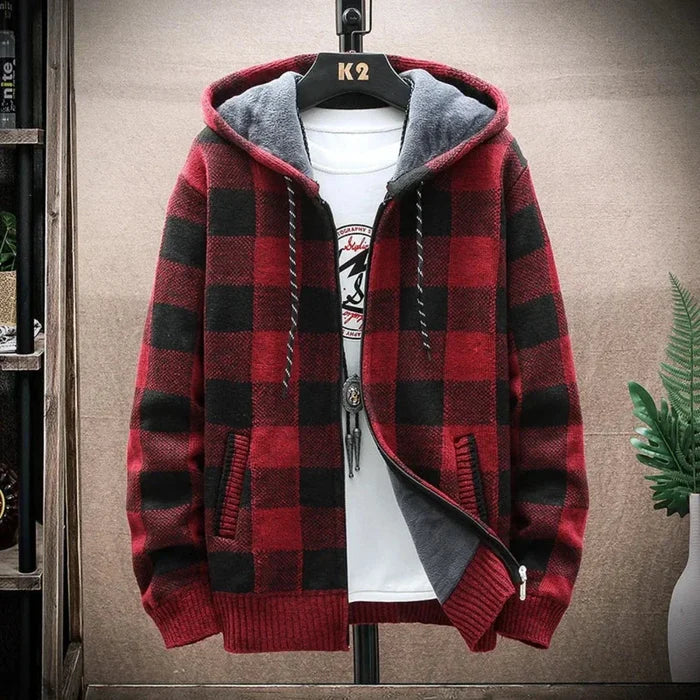 Plaid Zip-Up Jacket for Men with a Hood: rust brown, dark charcoal hooded zip-front jacket, casual streetwear style