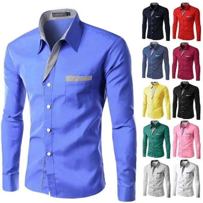 Plus Size dress shirt: blue, white long-sleeve button-up shirt, modern fitted dress-casual style