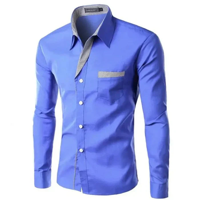 Plus Size dress shirt: blue, white long-sleeve button-up shirt, modern fitted dress-casual style