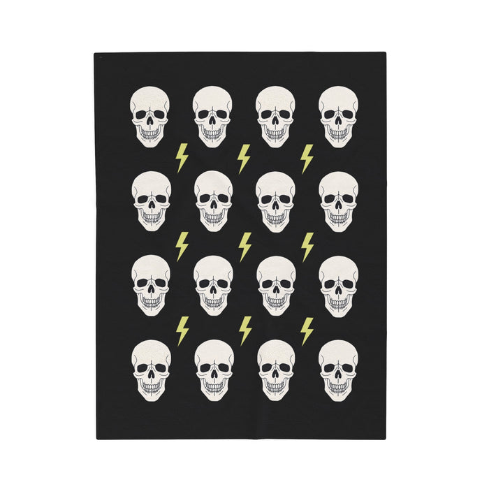 Plush Gothic Skeleton Throw Blanket: black, white skulls and lightning bolts, cartoon graphic style