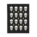Plush Gothic Skeleton Throw Blanket: black, white skulls and lightning bolts, cartoon graphic style