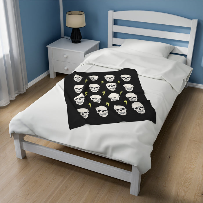 Plush Gothic Skeleton Throw Blanket: black, white skulls and lightning bolts, cartoon graphic style
