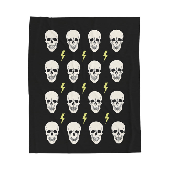 Plush Gothic Skeleton Throw Blanket: black, white skulls and lightning bolts, cartoon graphic style