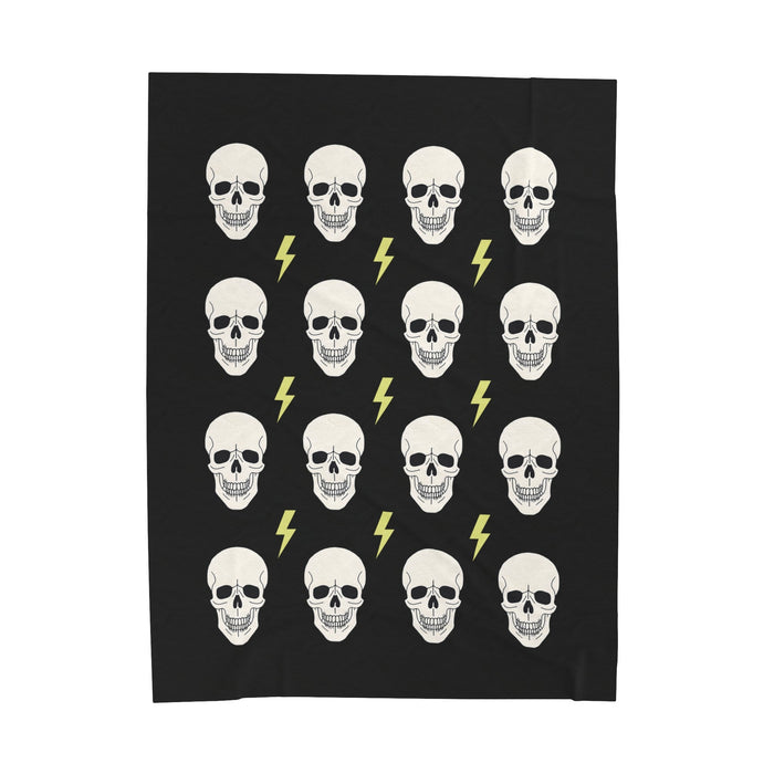 Plush Gothic Skeleton Throw Blanket: black, white skulls and lightning bolts, cartoon graphic style