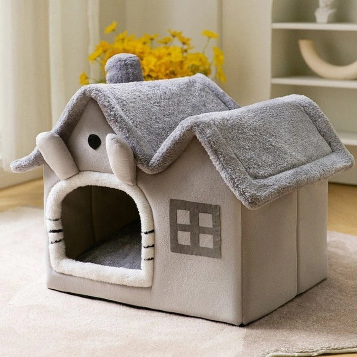 Plush Pet House with Detachable Roof: gray, white cat-themed house with a cat inside, cute cartoon/kawaii style