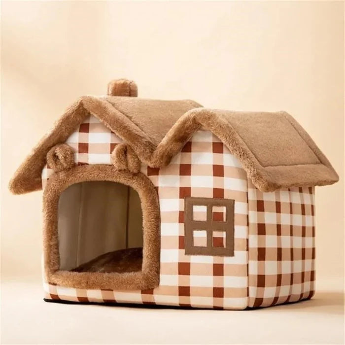 Plush Pet House with Detachable Roof: gray, white cat-themed house with a cat inside, cute cartoon/kawaii style