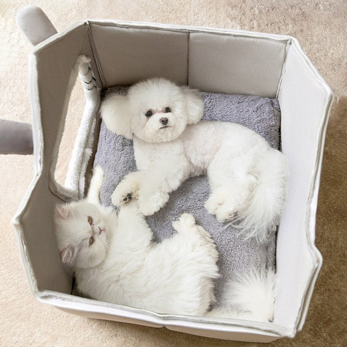 Plush Pet House with Detachable Roof: gray, white cat-themed house with a cat inside, cute cartoon/kawaii style