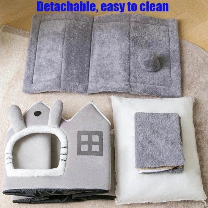 Plush Pet House with Detachable Roof: gray, white cat-themed house with a cat inside, cute cartoon/kawaii style