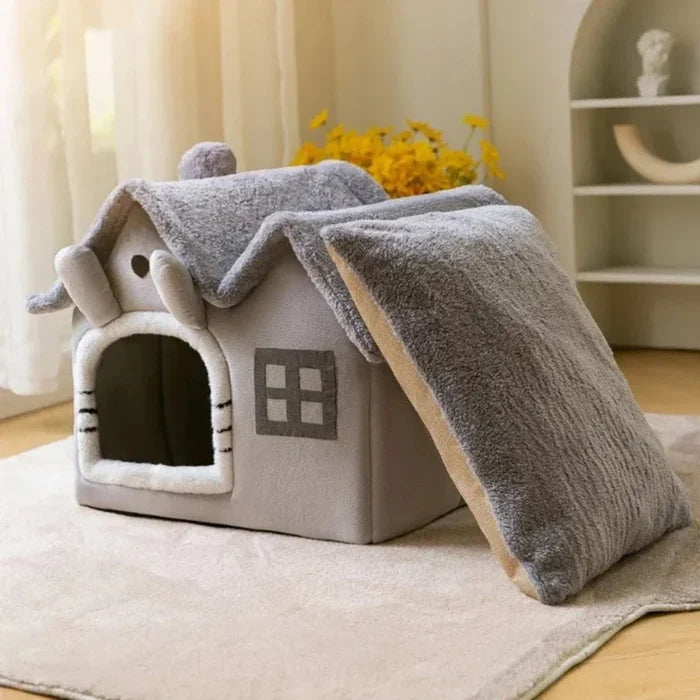 Plush Pet House with Detachable Roof: gray, white cat-themed house with a cat inside, cute cartoon/kawaii style