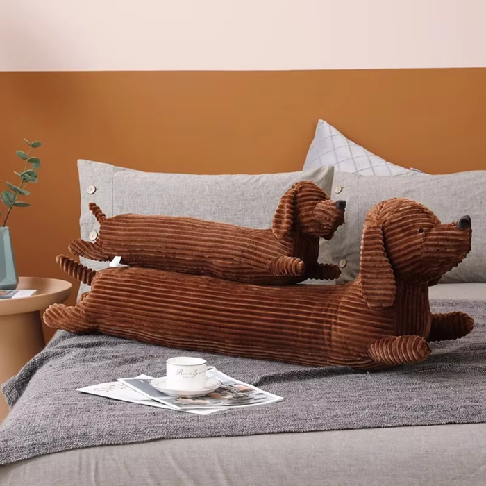 Plush Pillow Featuring a Cartoon Dachshund: brown, dark brown dachshund dogs, cartoon style