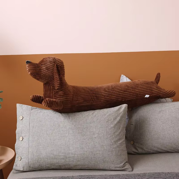 Plush Pillow Featuring a Cartoon Dachshund: brown, dark brown dachshund dogs, cartoon style