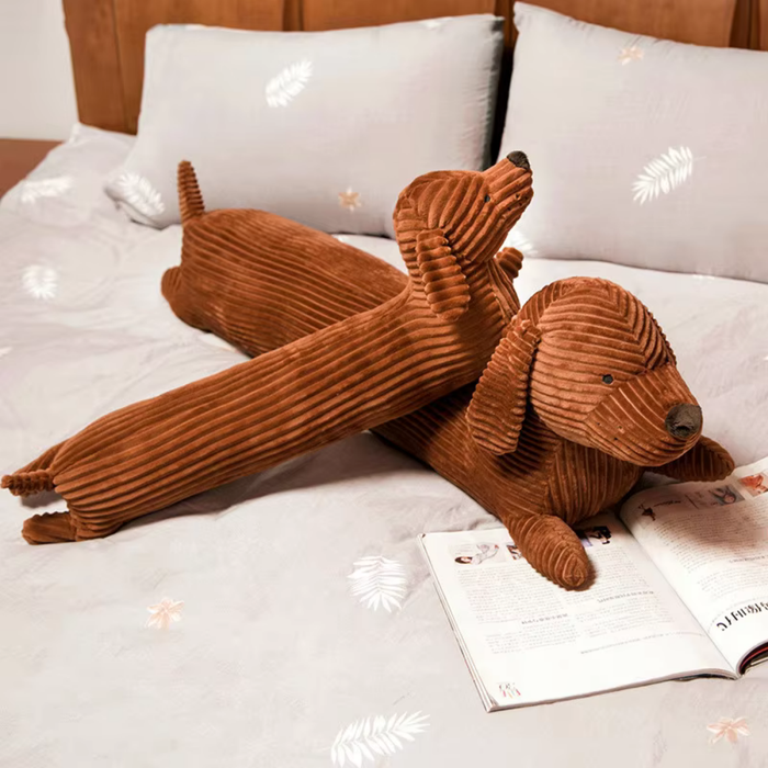 Plush Pillow Featuring a Cartoon Dachshund: brown, dark brown dachshund dogs, cartoon style