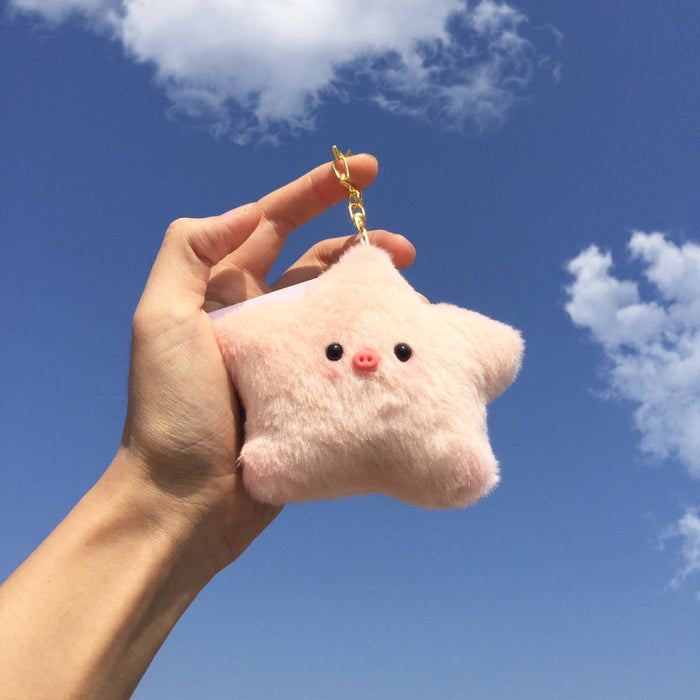 Plush Star Keychain, Cute and Versatile: pale pink, black pig character, kawaii cartoon style