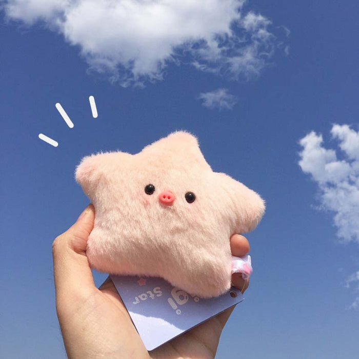 Plush Star Keychain, Cute and Versatile: pale pink, black pig character, kawaii cartoon style
