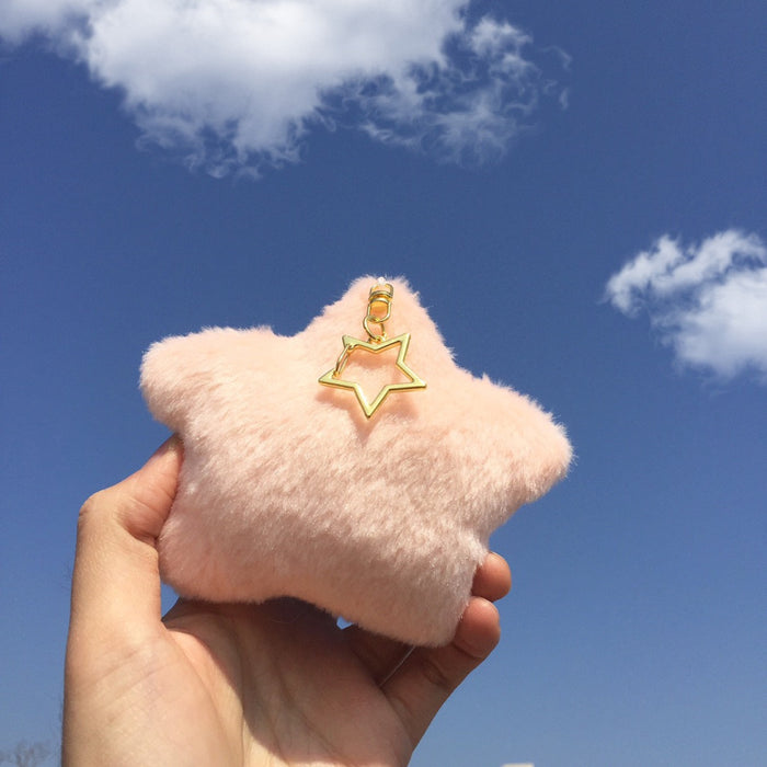 Plush Star Keychain, Cute and Versatile: pale pink, black pig character, kawaii cartoon style