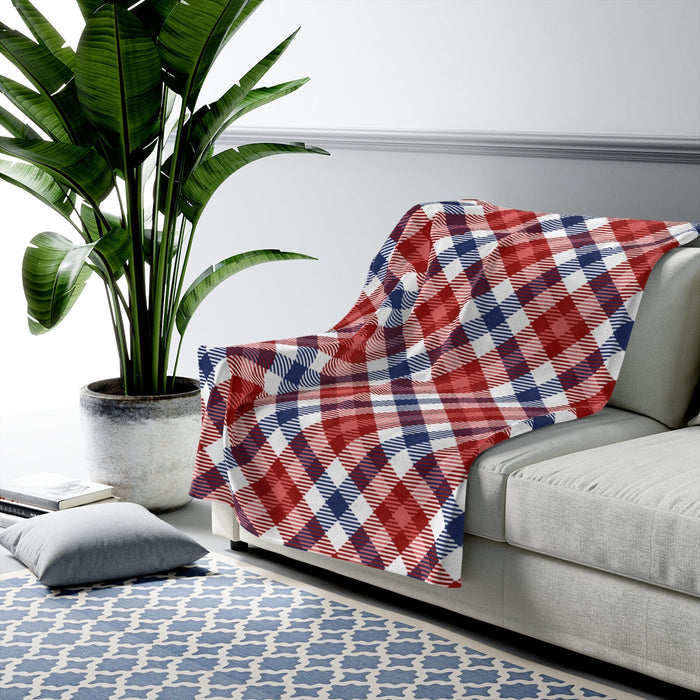 Plush Throw Blanket in Red and Blue Tartan Pattern: red, navy blue throw blanket, classic plaid style