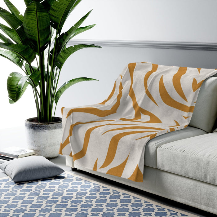 Plush Throw with Leopard Print Stripes: white, mustard yellow throw blanket, modern abstract style