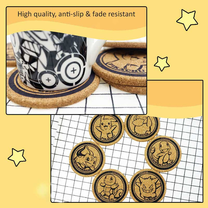 Pokemon Cork Coaster Set with Characters: beige, black Pokemon characters: Pikachu, Bulbasaur, Squirtle, Charmander, Gengar