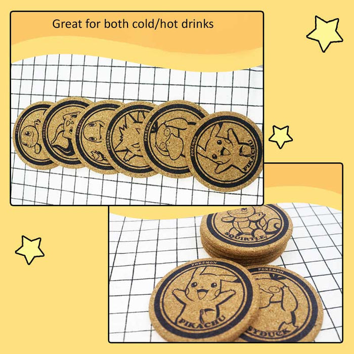 Pokemon Cork Coaster Set with Characters: beige, black Pokemon characters: Pikachu, Bulbasaur, Squirtle, Charmander, Gengar