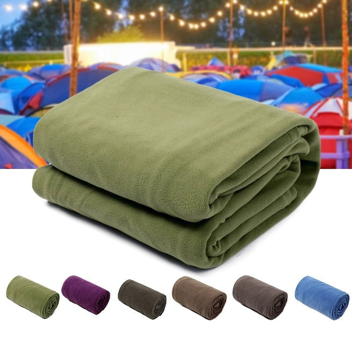 Polar Fleece Lightweight Sleeping Bag for Camping: olive green, purple folded blanket, minimal style