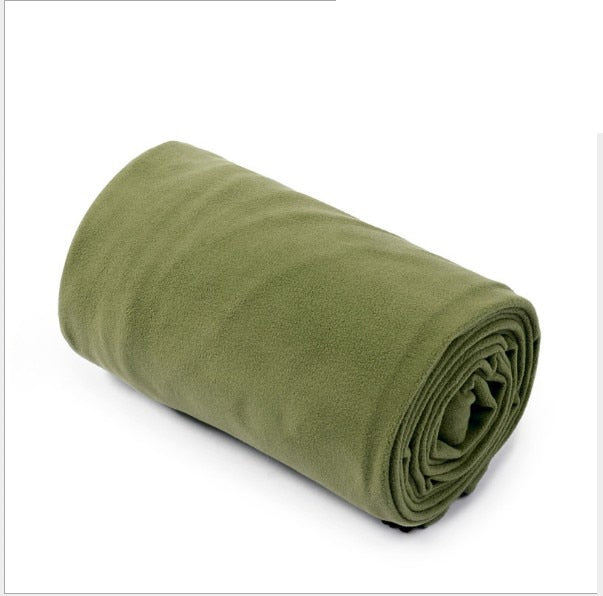 Polar Fleece Lightweight Sleeping Bag for Camping: olive green, purple folded blanket, minimal style