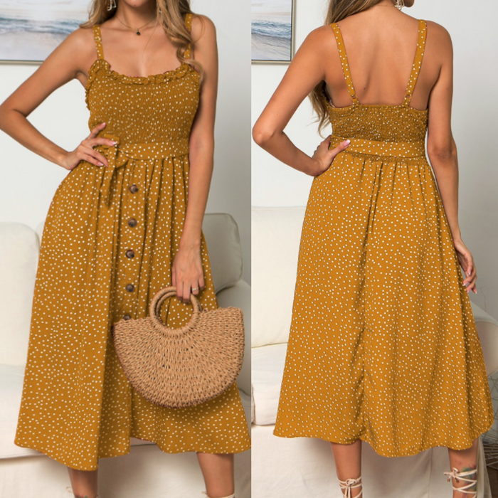 Polka Dot Maxi Dress for Women with Spaghetti Straps: mustard yellow, white midi sundress, casual feminine vintage-inspired s