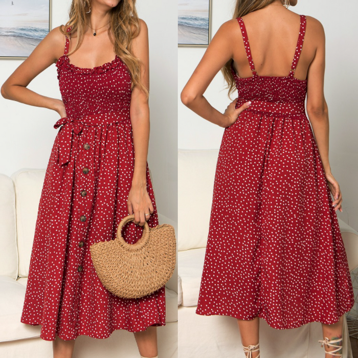 Polka Dot Maxi Dress for Women with Spaghetti Straps: mustard yellow, white midi sundress, casual feminine vintage-inspired s