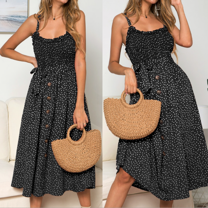 Polka Dot Maxi Dress for Women with Spaghetti Straps: mustard yellow, white midi sundress, casual feminine vintage-inspired s