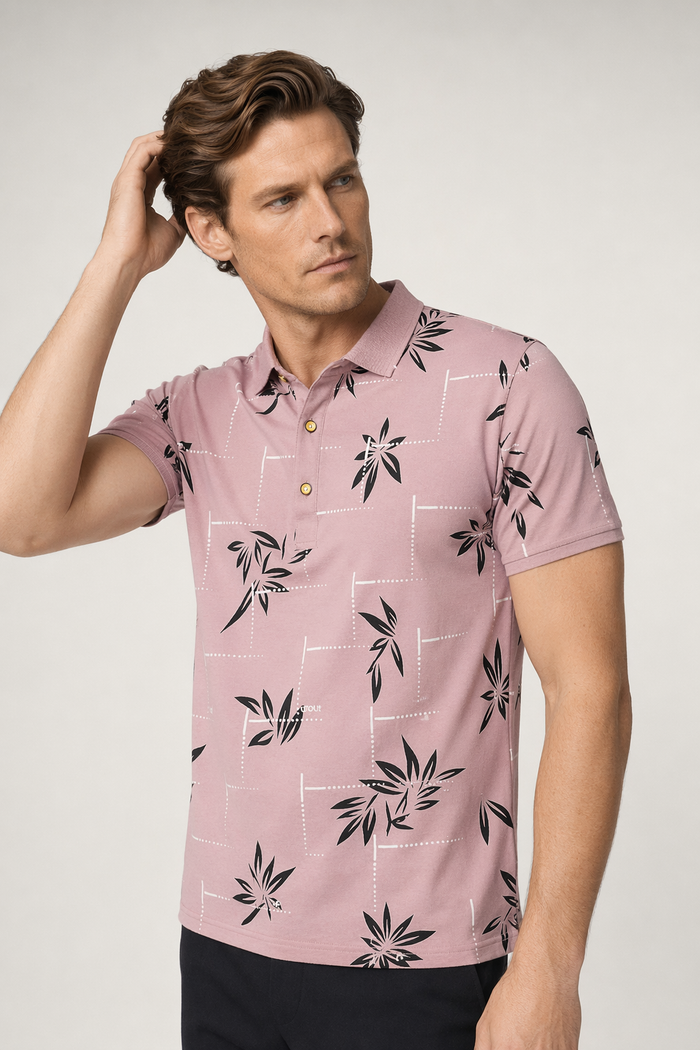 Polo Shirt for Men with Floral Patterns Pink