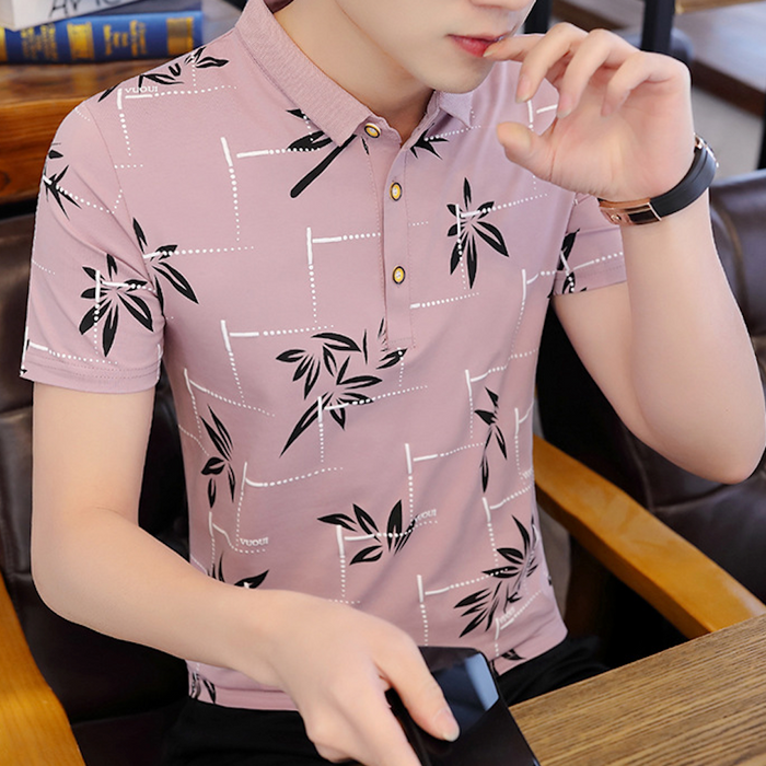 Polo Shirt for Men with Floral Patterns: dusty pink, black bamboo leaf print, casual patterned style