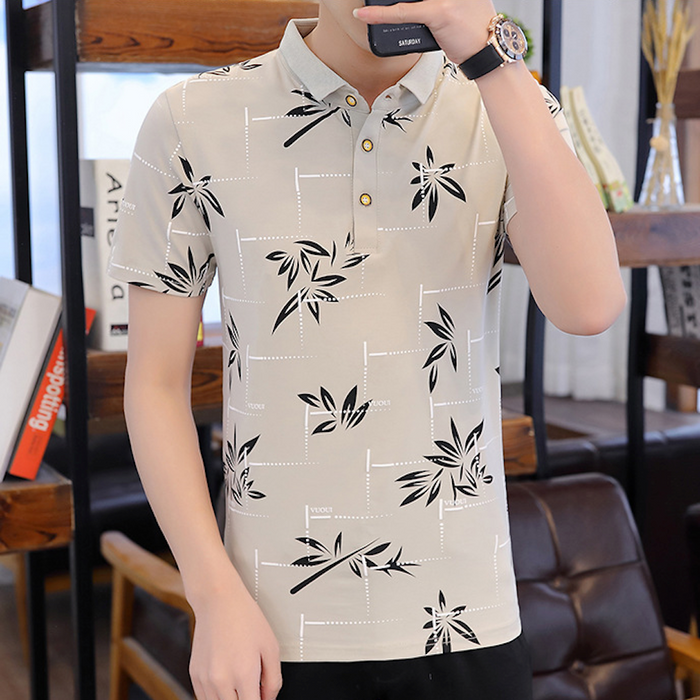 Polo Shirt for Men with Floral Patterns: dusty pink, black bamboo leaf print, casual patterned style