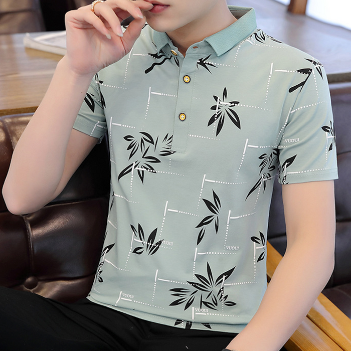Polo Shirt for Men with Floral Patterns: dusty pink, black bamboo leaf print, casual patterned style