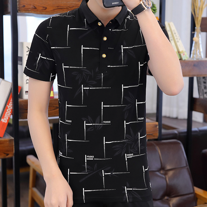 Polo Shirt for Men with Floral Patterns: dusty pink, black bamboo leaf print, casual patterned style