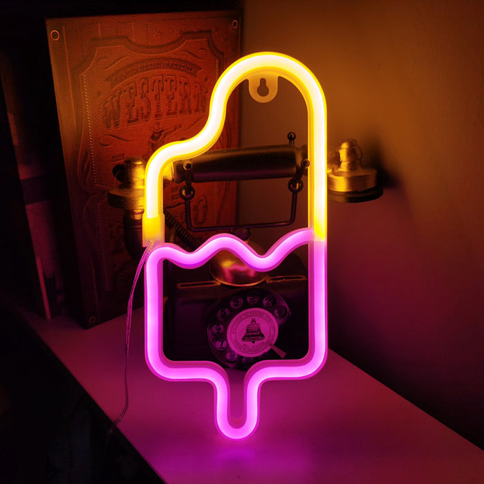 Popsicle Neon LED Light: yellow, pink popsicle/ice cream bar, cartoon style