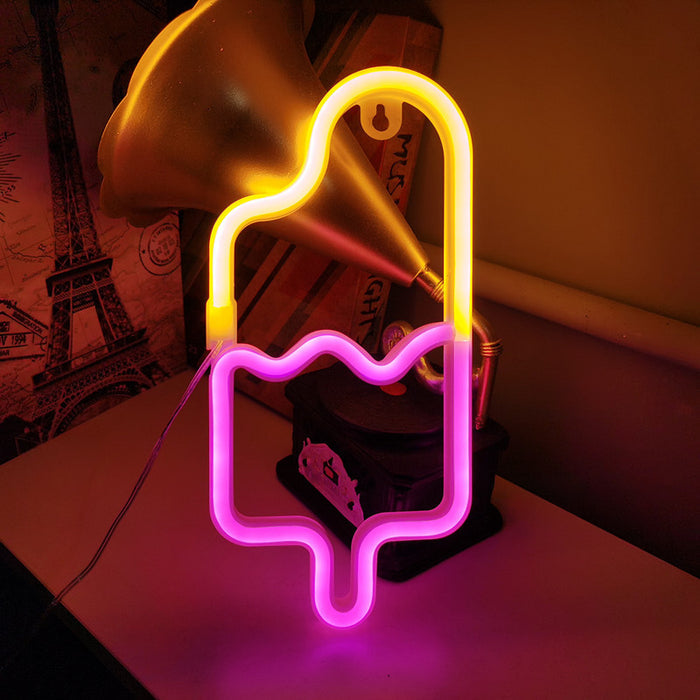 Popsicle Neon LED Light: yellow, pink popsicle/ice cream bar, cartoon style