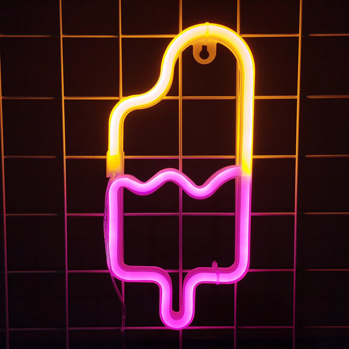 Popsicle Neon LED Light: yellow, pink popsicle/ice cream bar, cartoon style