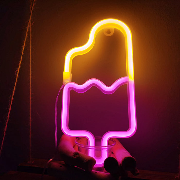 Popsicle Neon LED Light: yellow, pink popsicle/ice cream bar, cartoon style